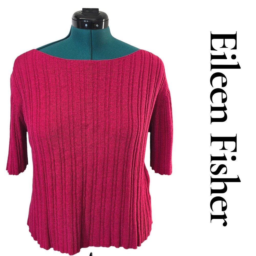 Eileen Fisher Sweater‎ Womens L Red Cotton Blend Ribbed Boat Neck Short Sleeve